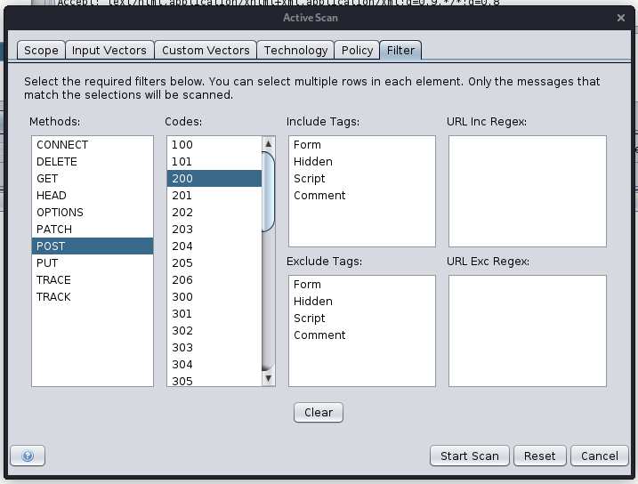 Active Scan Filter Example (200 - Ok & POSTs)