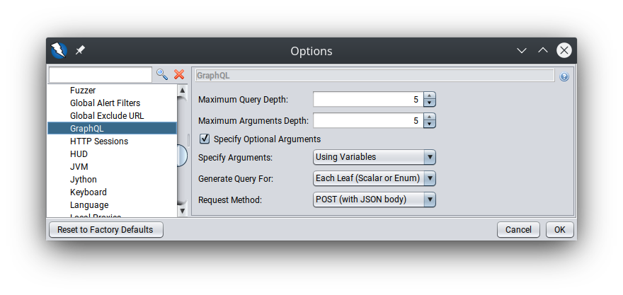 The GraphQL Options Panel