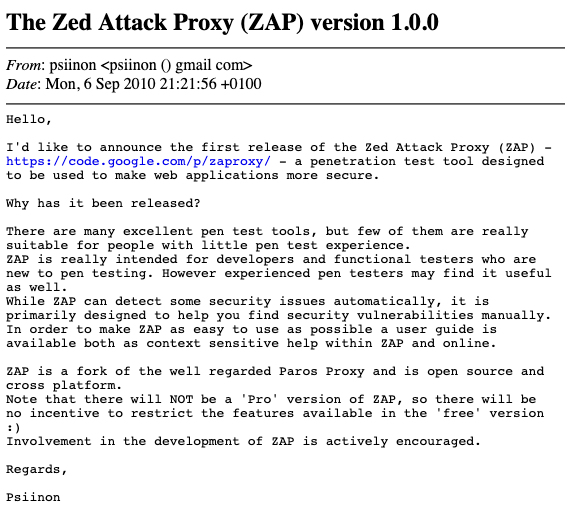 The Zed Attack Proxy (ZAP) version 1.0.0