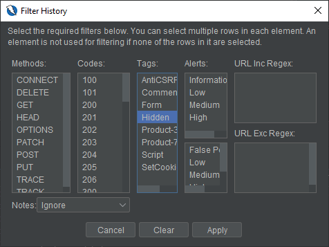 History Filter dialog