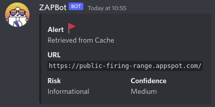 An example discord message from ZAPBot that contains an alert&rsquo;s name, URL, risk, and confidence.