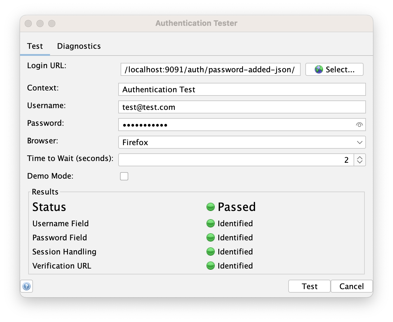 Authentication Tester Dialog - Test tab