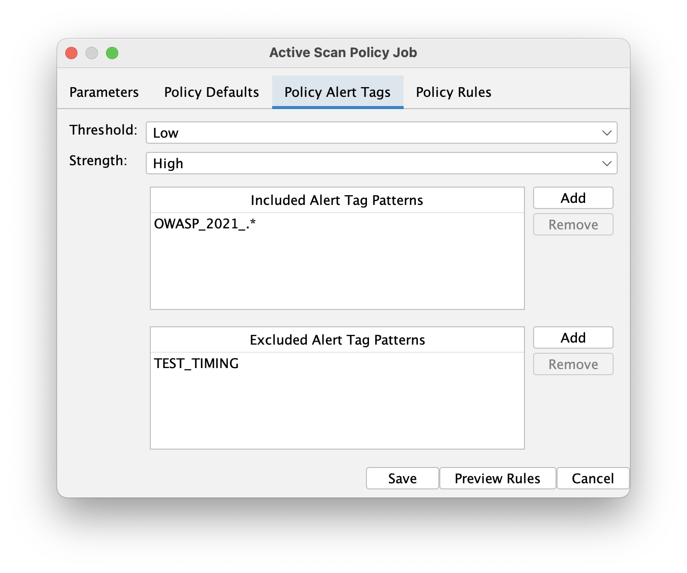 A screenshot of the Active Scan Policy Job dialog, with the new “Policy Alert Tags” tab selected