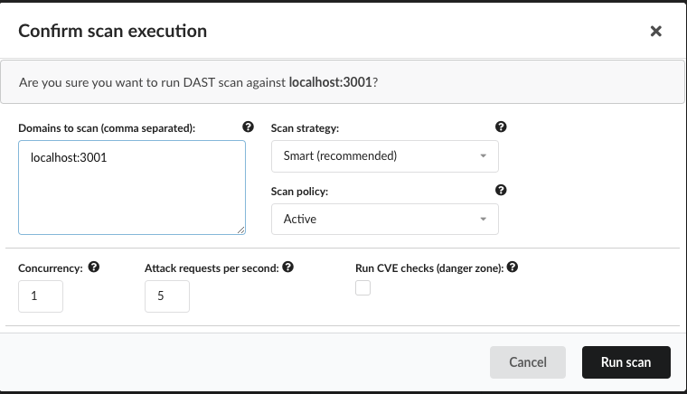 PTK DAST scan policy settings