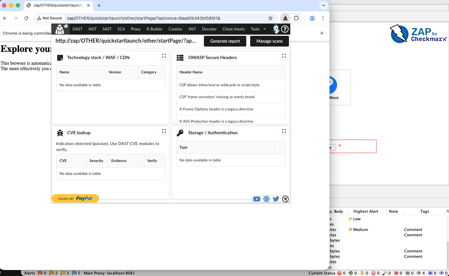 OWASP PTK visible in a ZAP-launched browser
