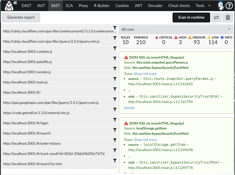 PTK SAST findings view