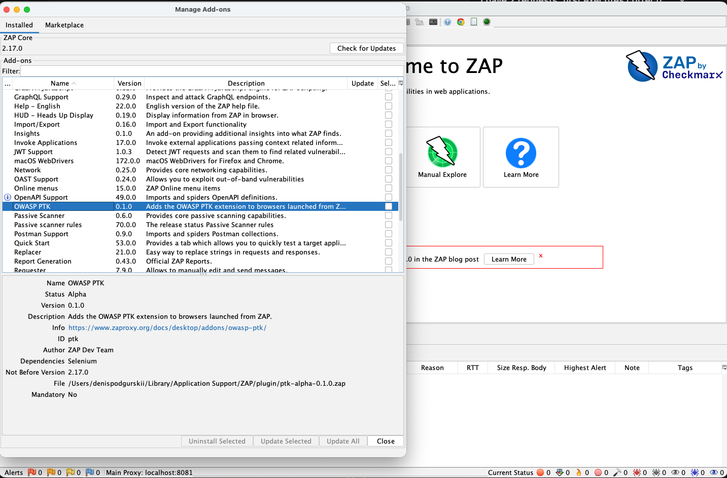 ZAP launching a browser with OWASP PTK pre-installed