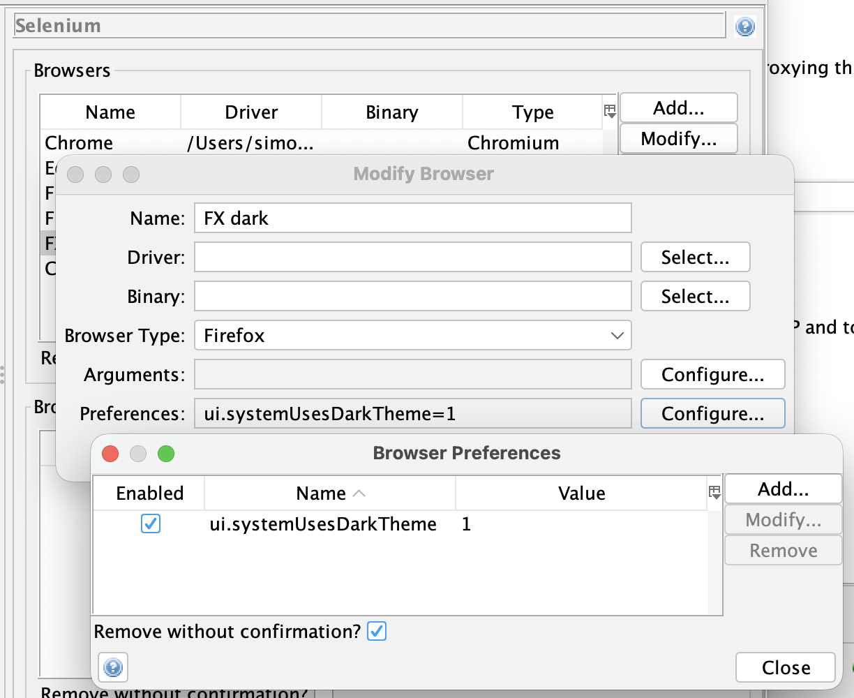 Browser Preferences screen