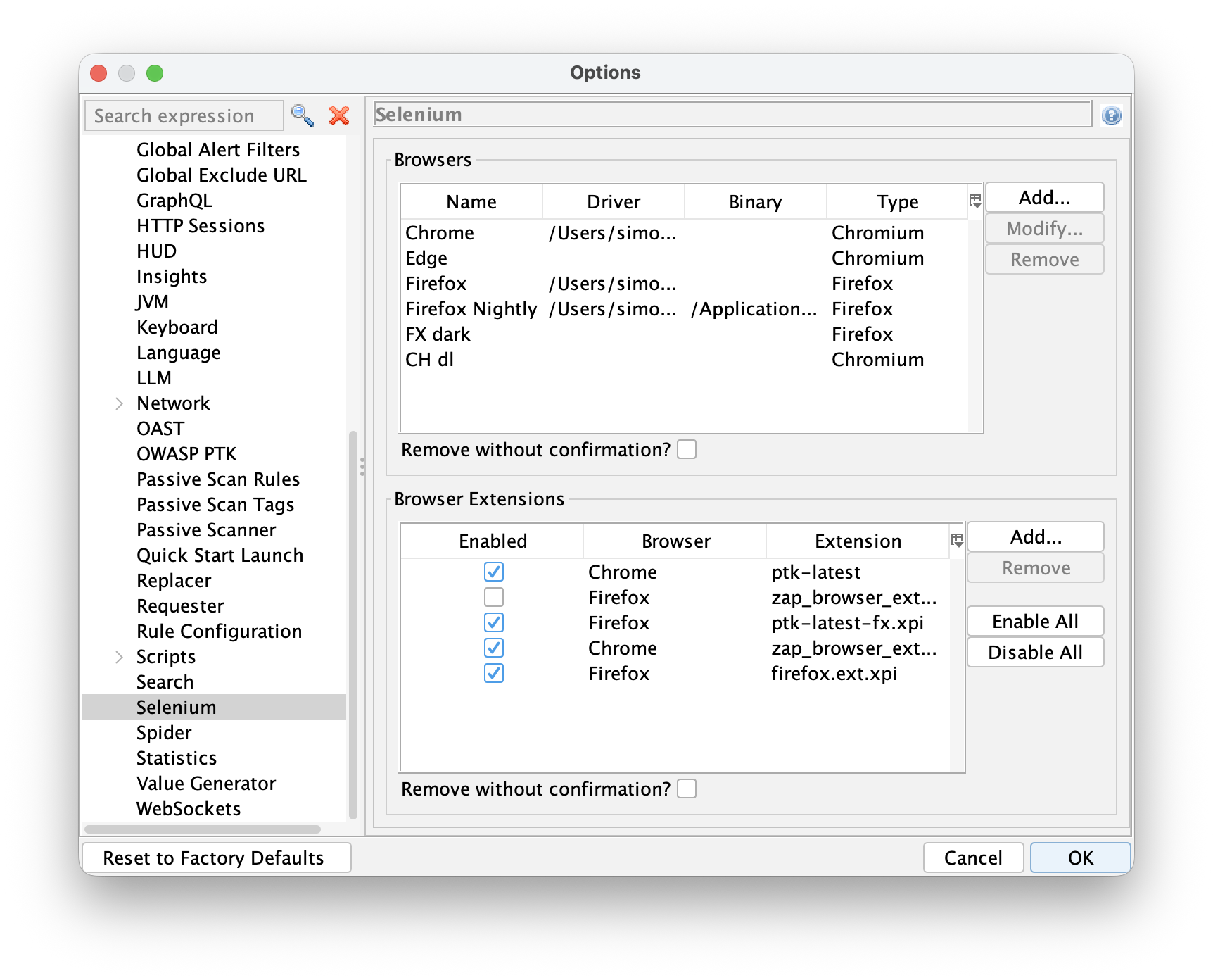 Selenium Options screen