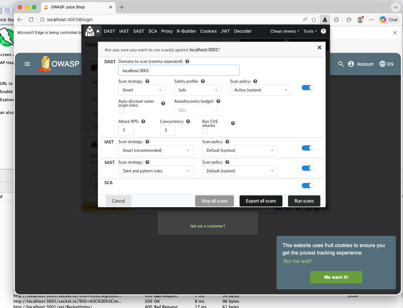 PTK dashboard / scan start