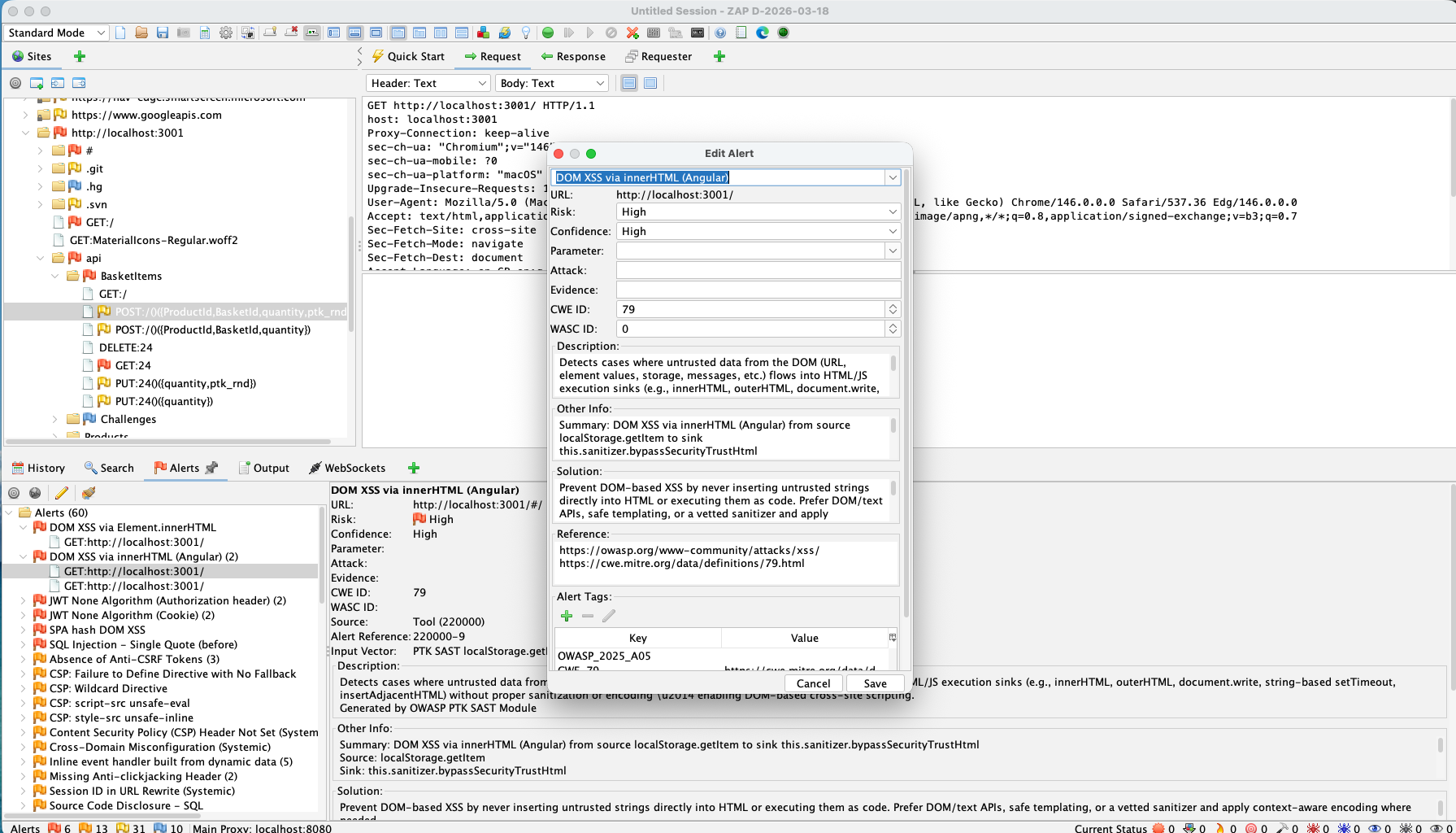 PTK findings shown as ZAP Alerts