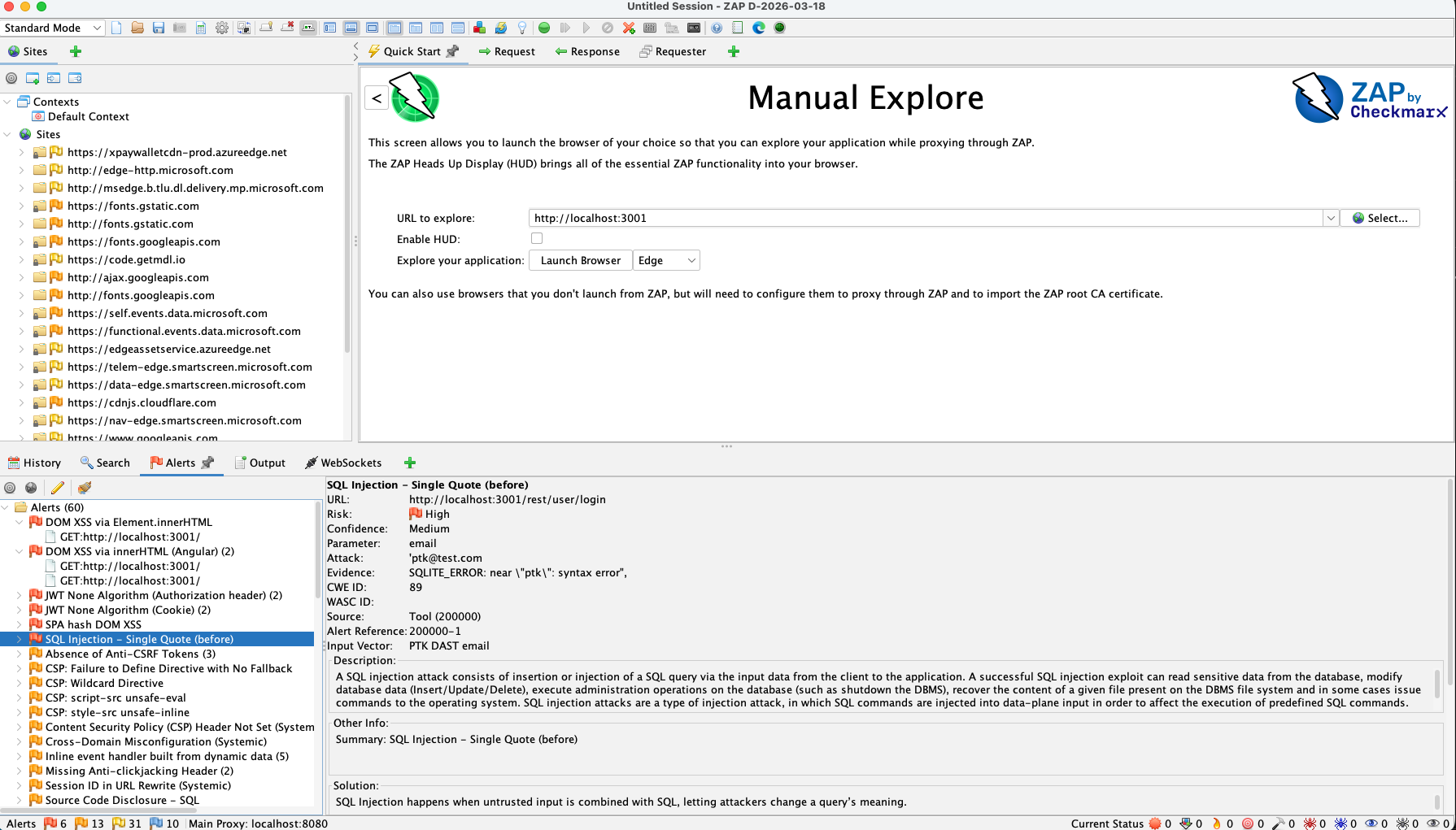 ZAP Alerts tab showing PTK alerts