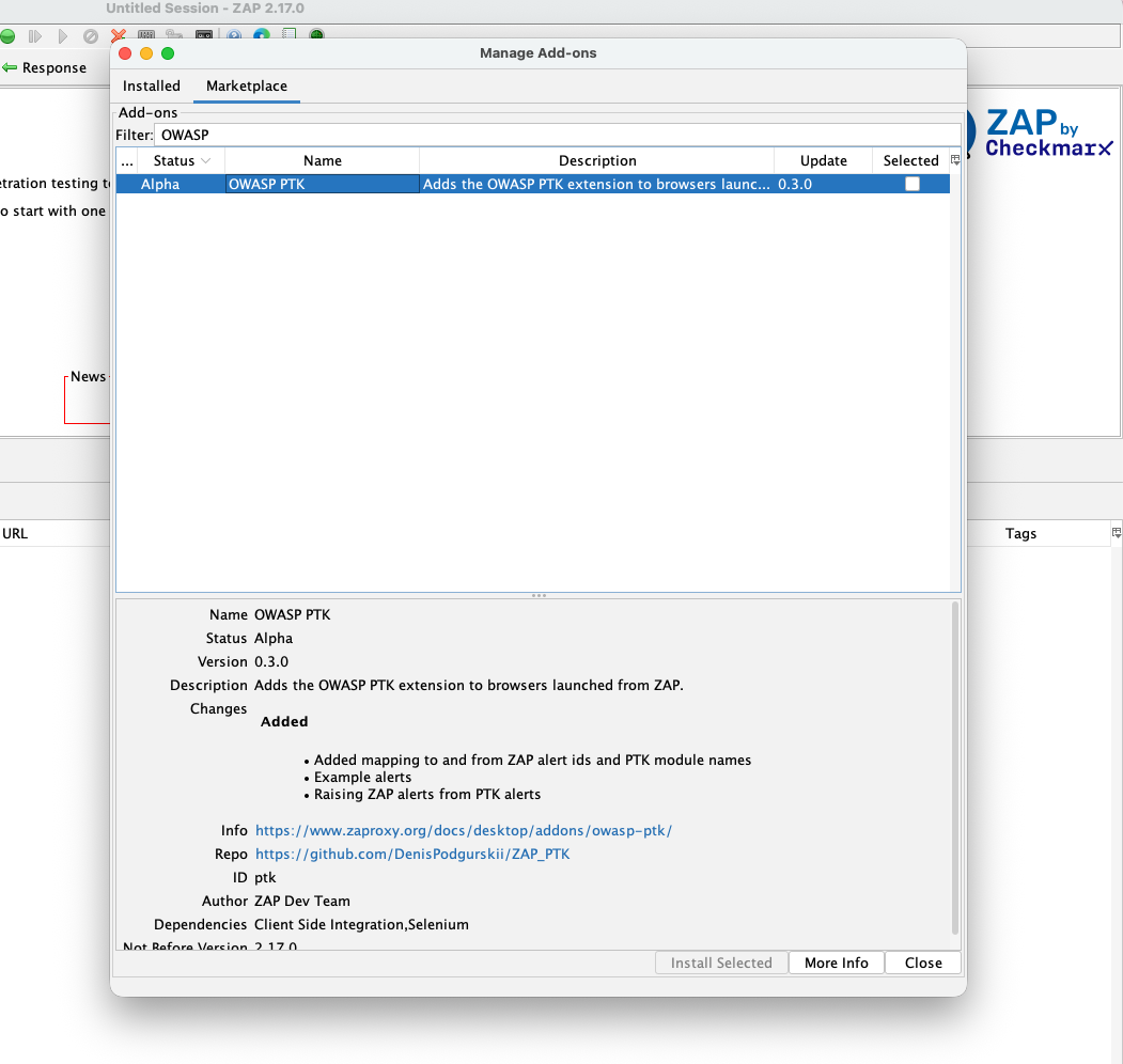 ZAP Marketplace: OWASP PTK add-on