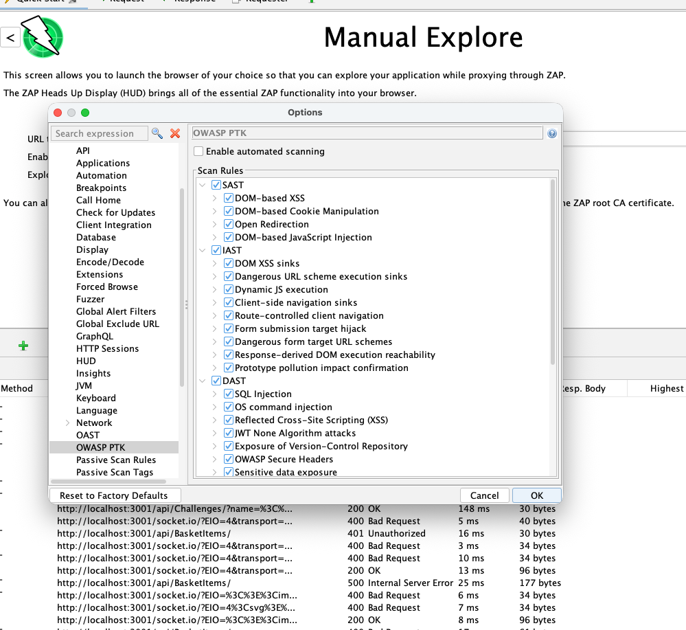 Options screen showing rule selection and automated scanning