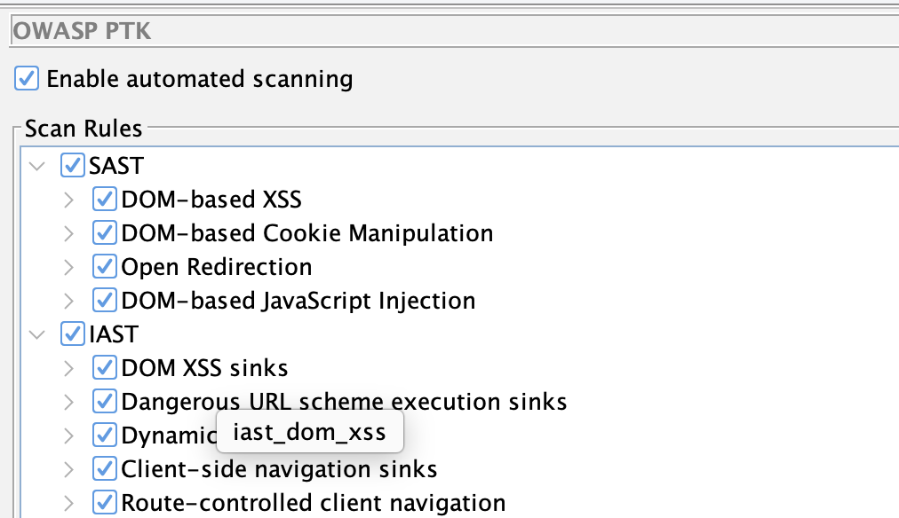 OWASP PTK Options Screen - key shown in hover