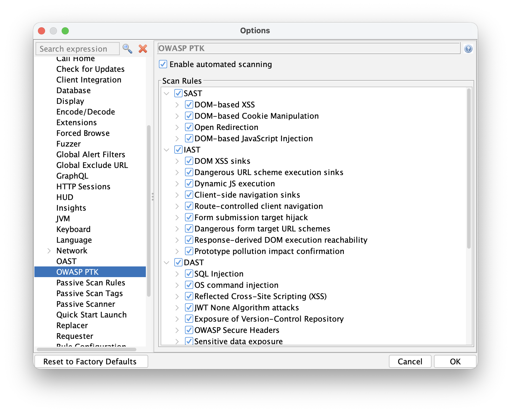 OWASP PTK Options Screen