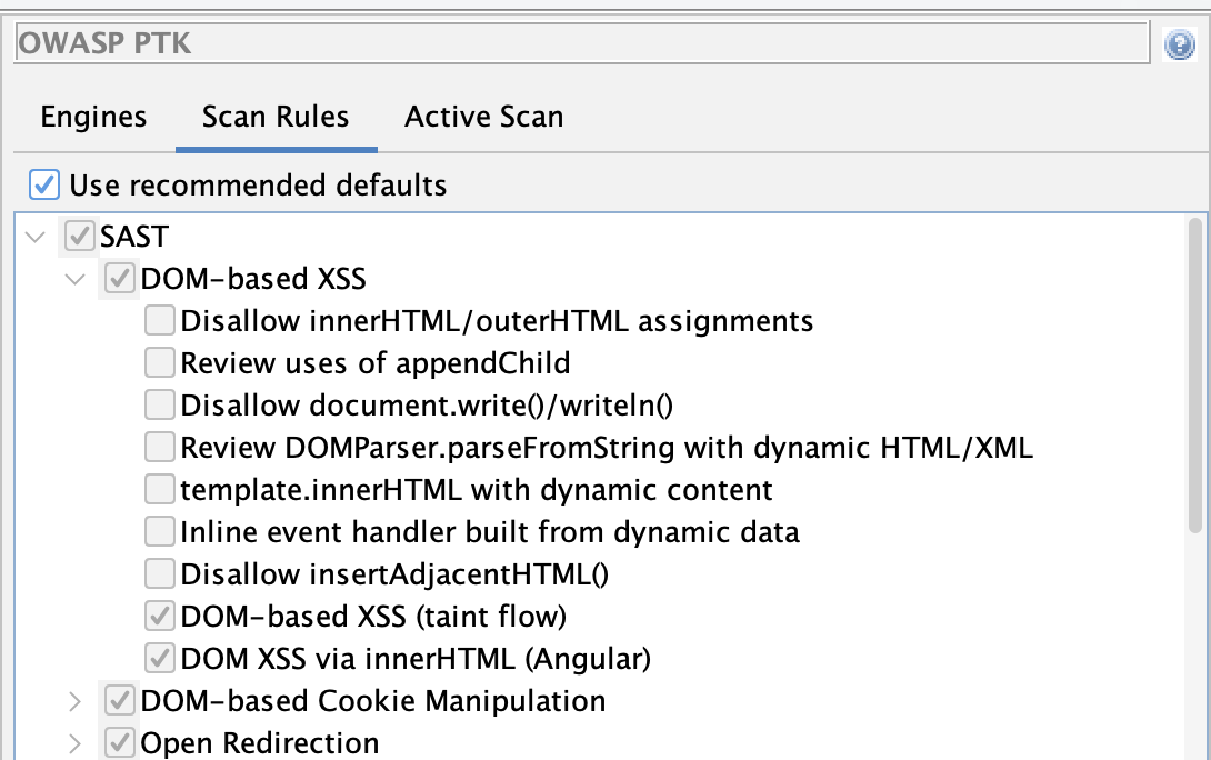 OWASP PTK Scan Rules Options