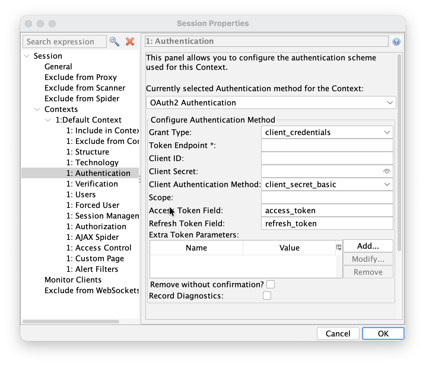 OAuth2 configuration screen