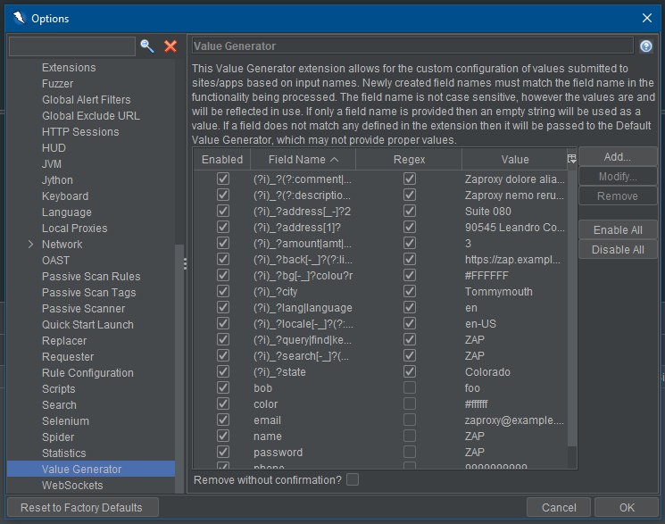 A screenshot of the Value Generator’s main table