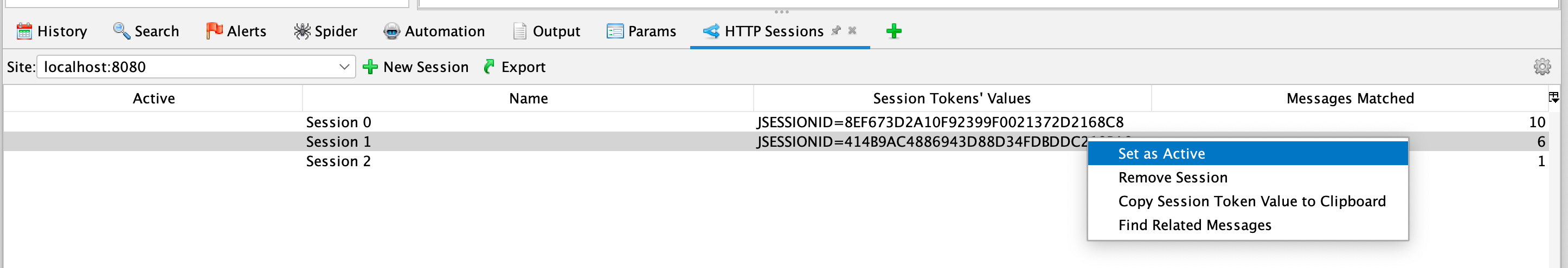 ZAP HTTP Sessions tab