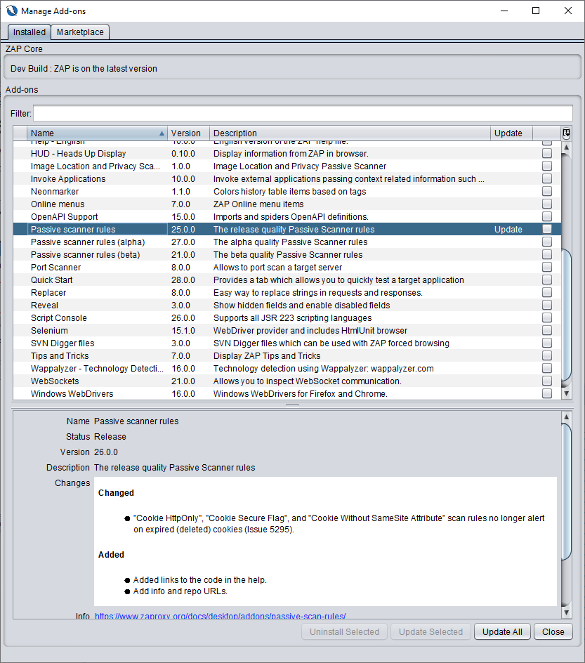 Installed add-on version column